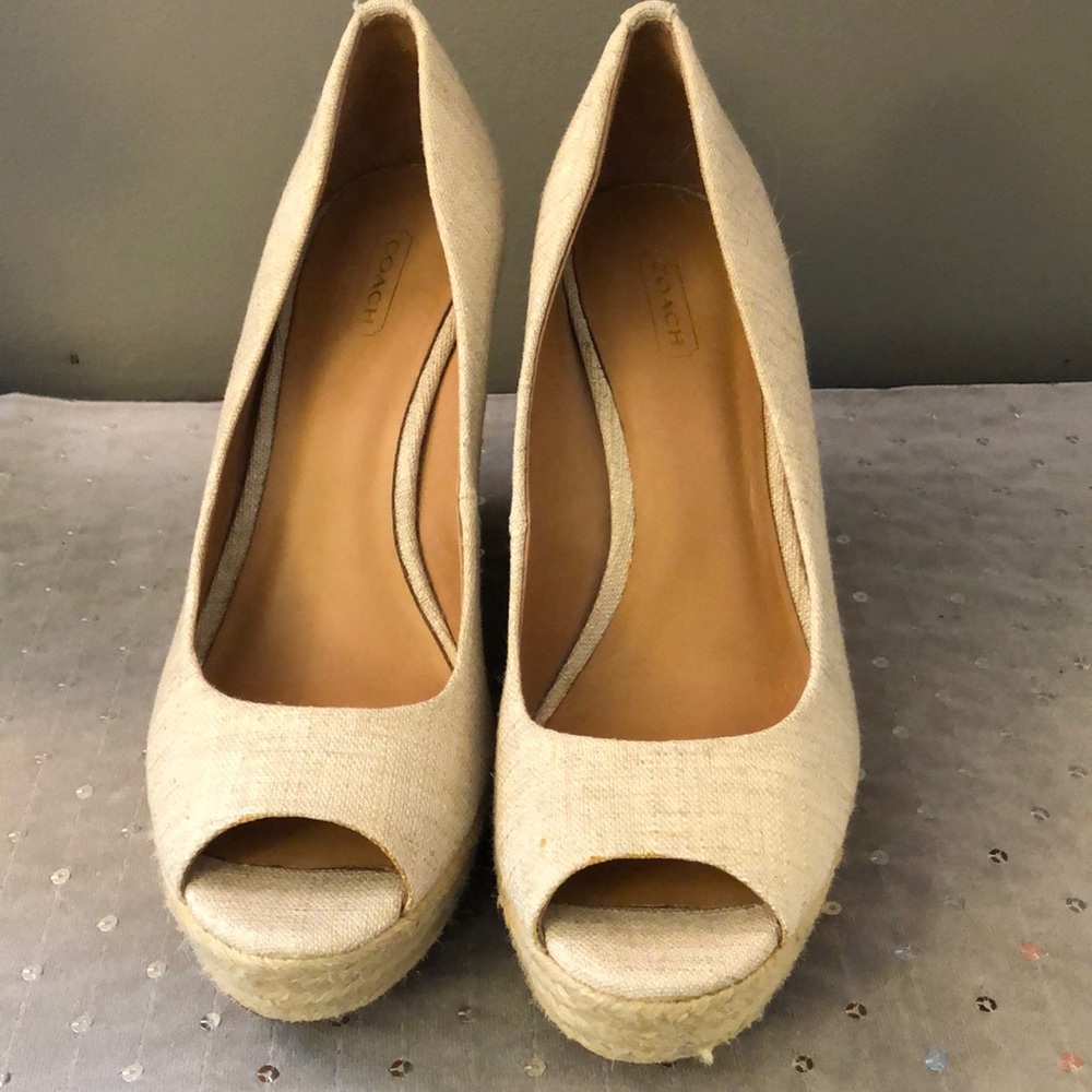 Coach Milan Linen Canvas Peep toe Wedge Sandal 9